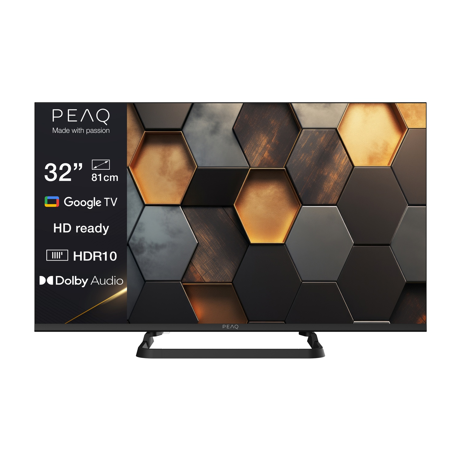 Un televisore PEAQ da 32 pollici con schermo a motivo a nido d'ape. Dettagli: Google TV, HDR10 e Dolby Audio. La TV è su un supporto nero.