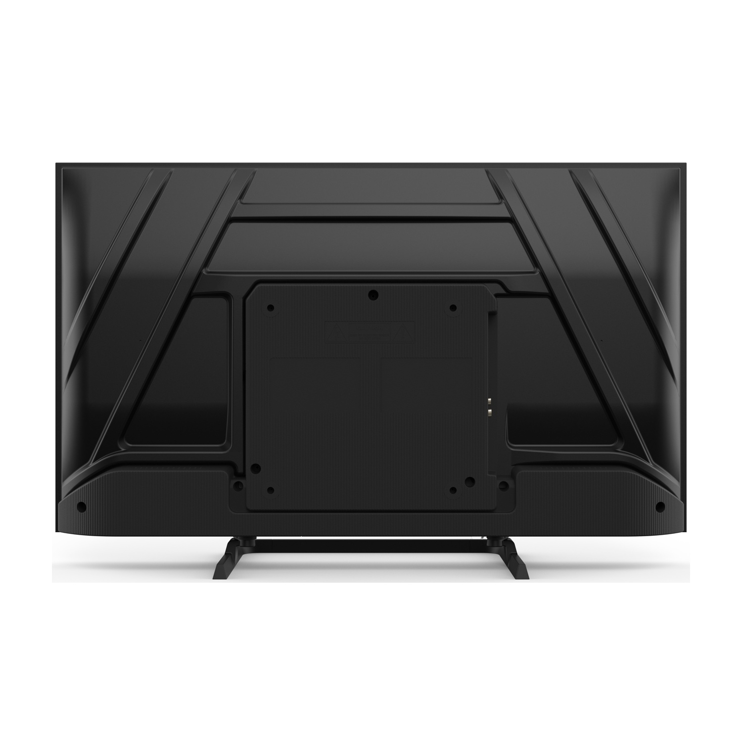 Vista posteriore di una televisione nera. È su una superficie bianca. Il retro ha un design strutturato.