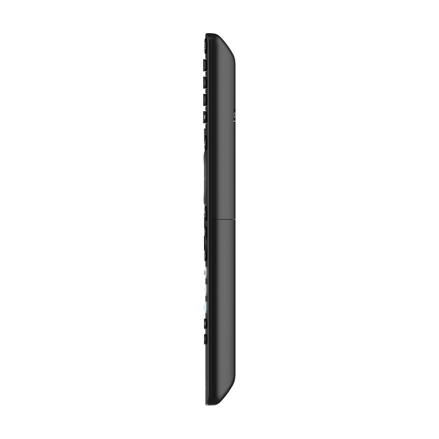 Un telecomando nero è orientato verticalmente su sfondo bianco. Il telecomando ha molti pulsanti e una forma curva.