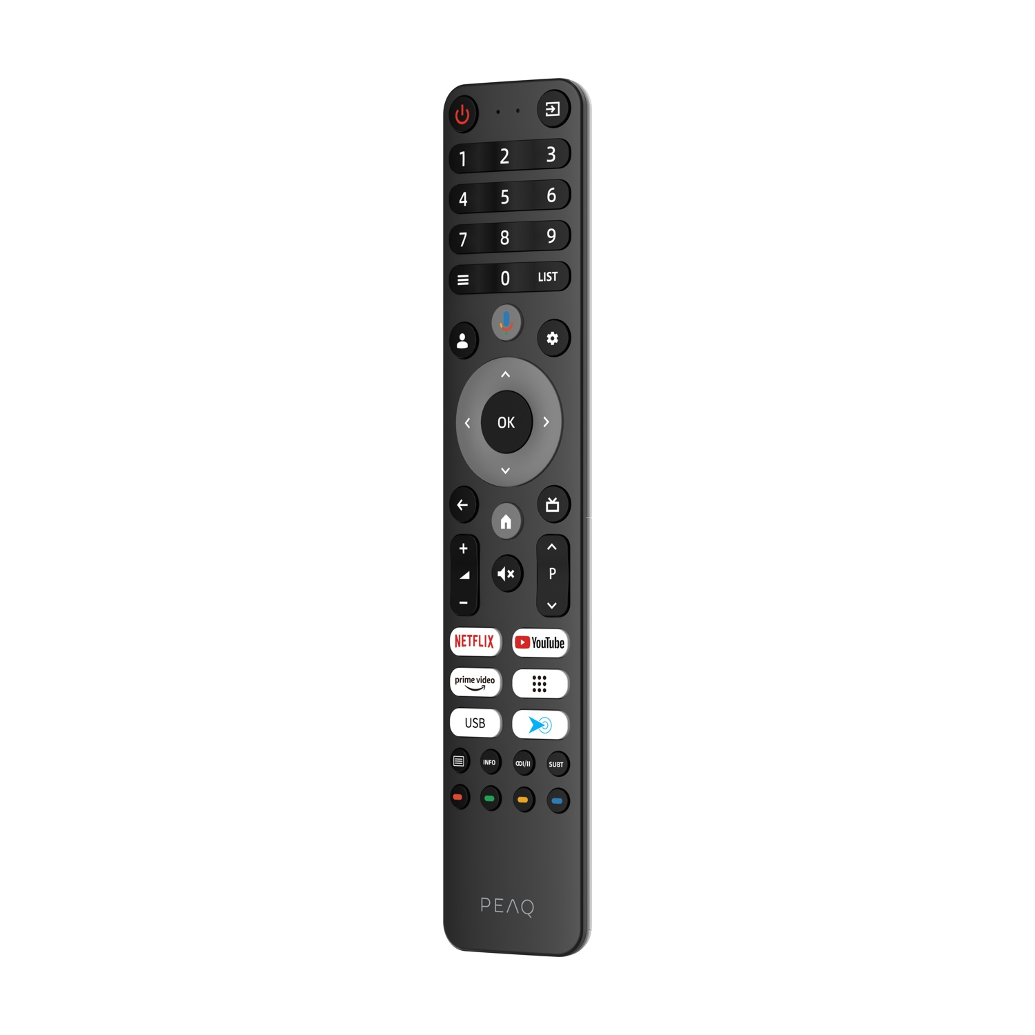 Un telecomando nero con pulsanti per accensione, numeri, Netflix, YouTube, volume e navigazione. Il marchio è PEAQ.