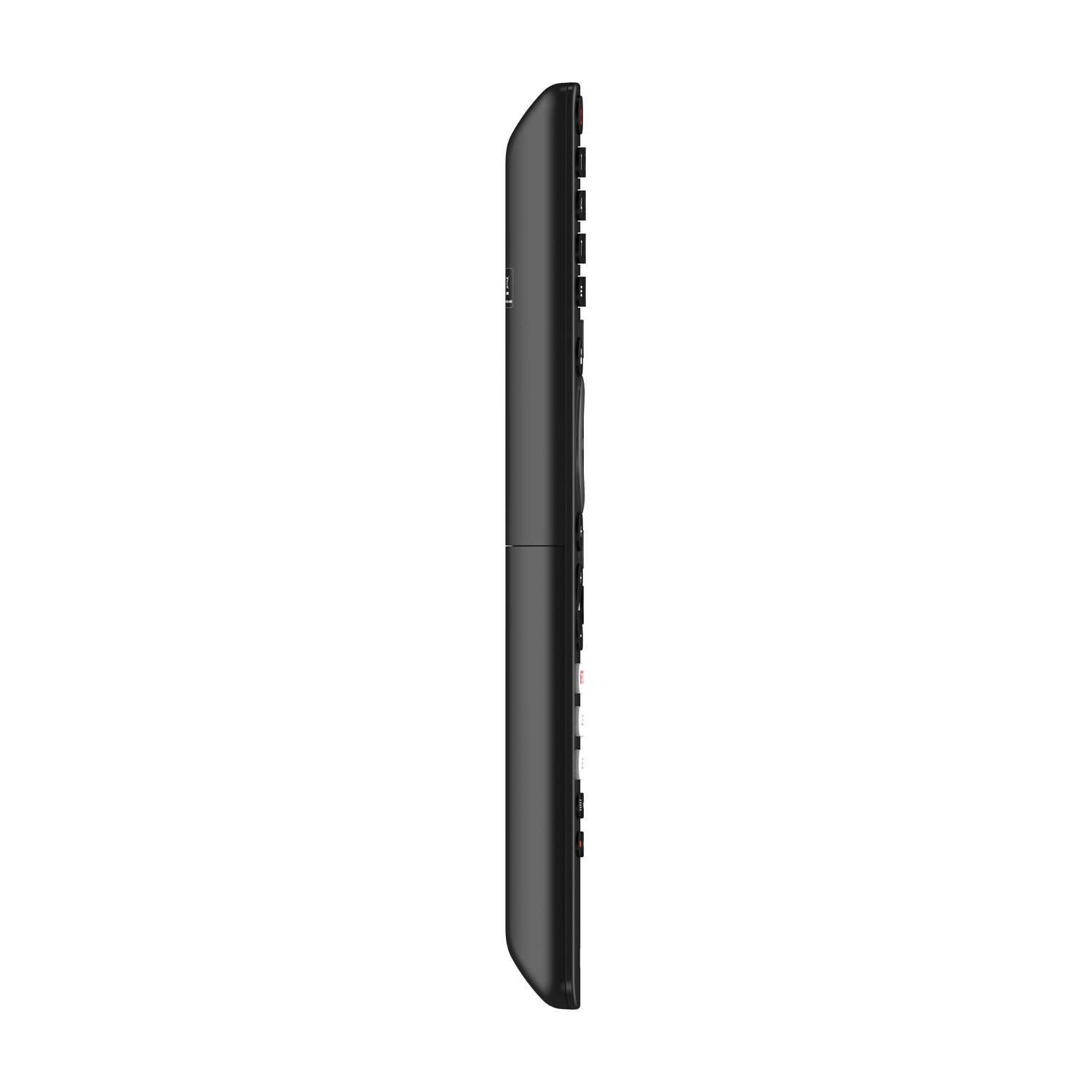 Un telecomando TV nero, con pulsanti e un design curvo, è posizionato verticalmente su sfondo bianco.