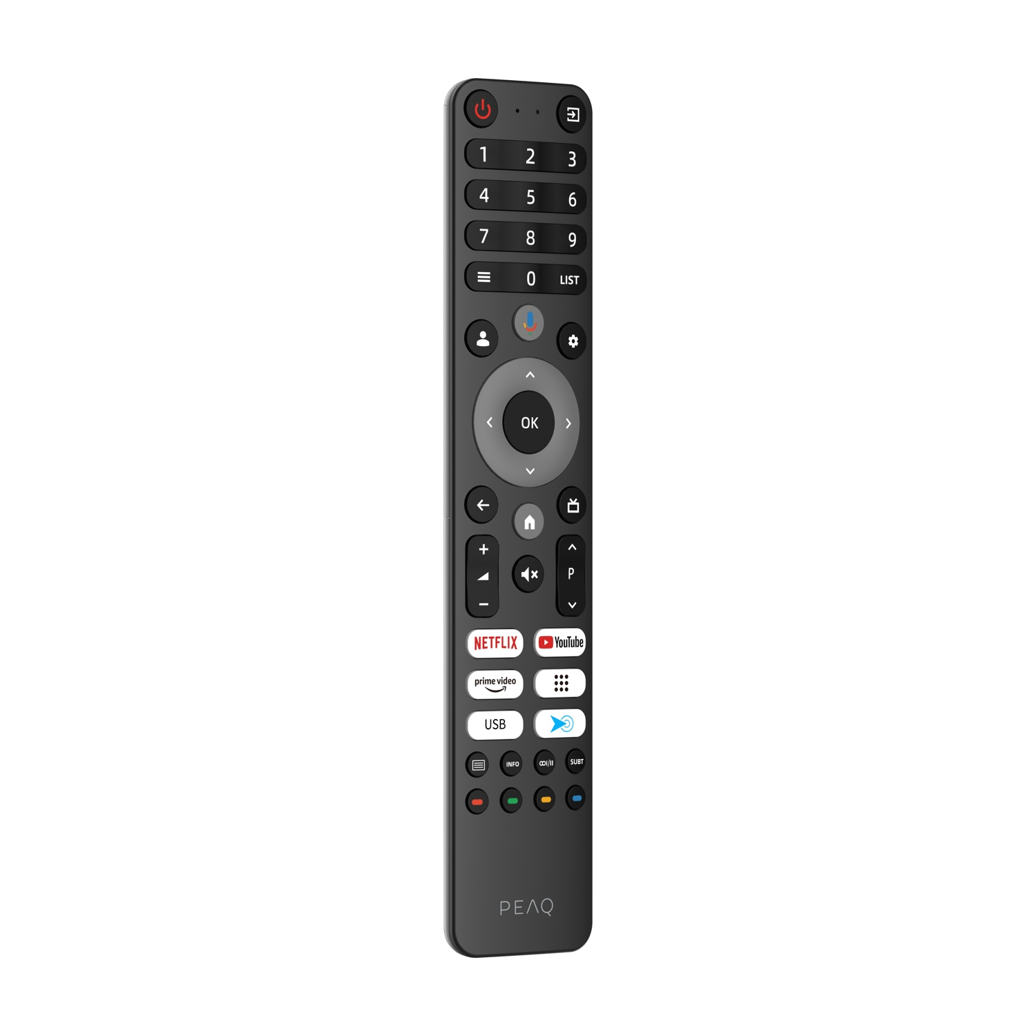 Un telecomando PEAQ nero con pulsanti per numeri, volume e app come Netflix e YouTube, su sfondo bianco.