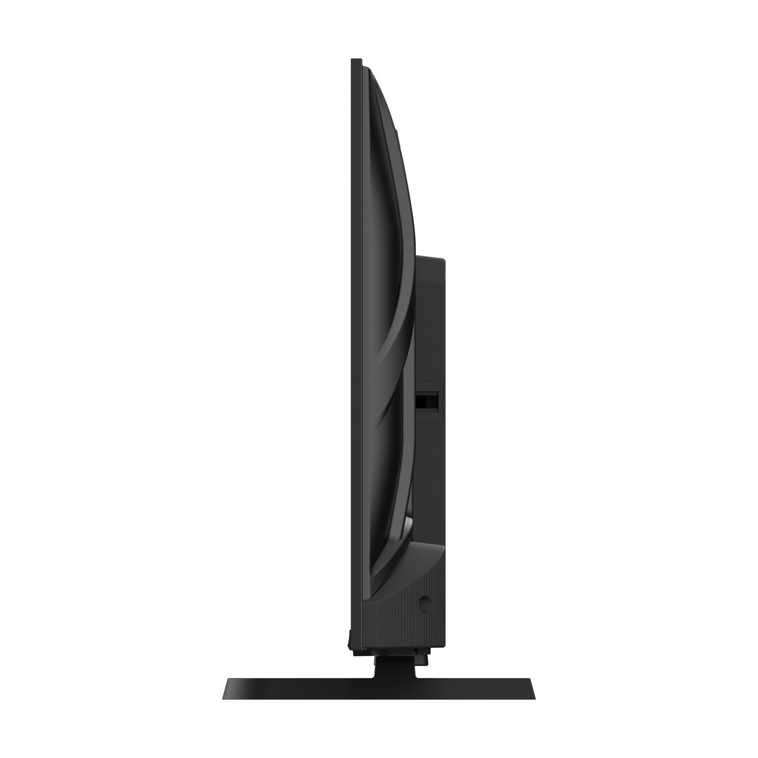 Vista laterale di una TV a schermo piatto nera. È su un supporto nero e su sfondo bianco.
