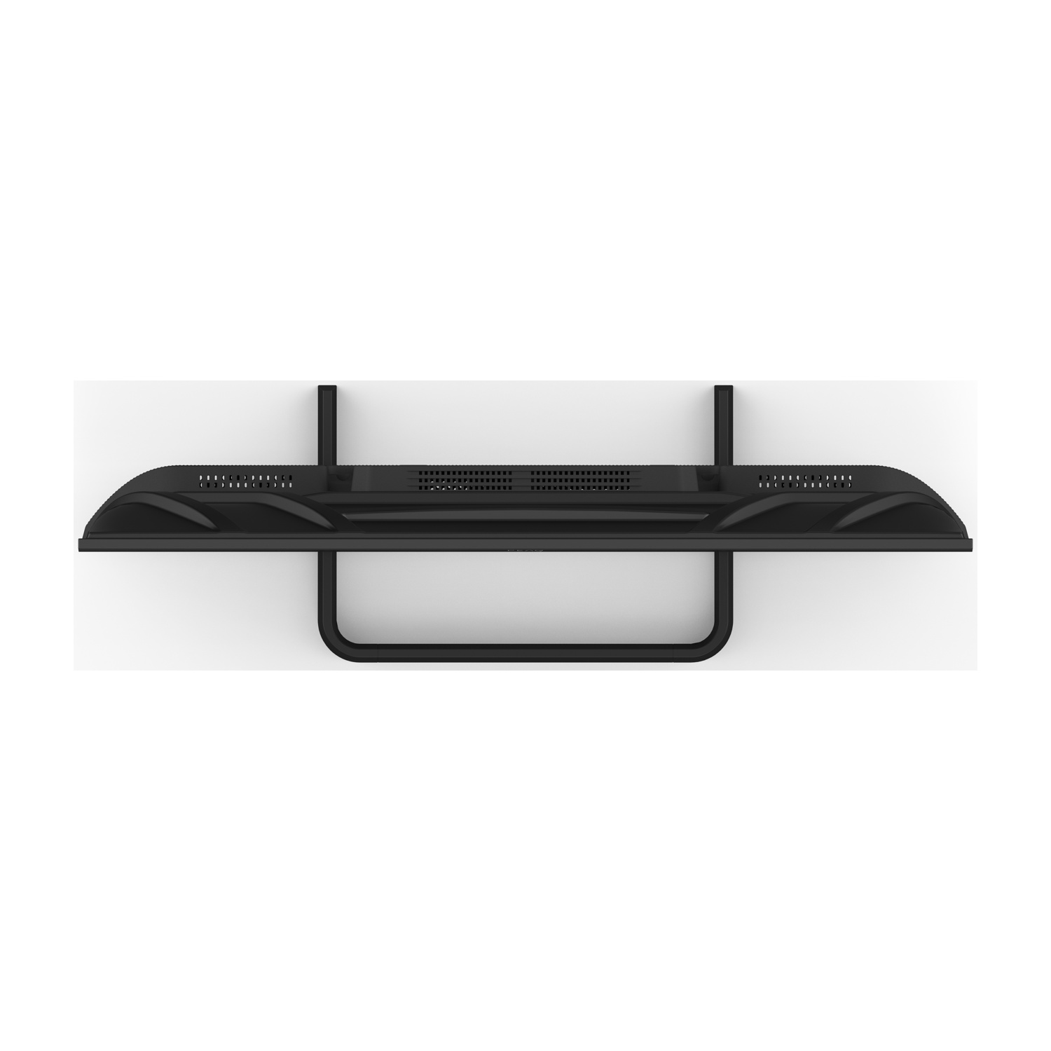 Una TV nera, vista dall'alto, montata su un muro bianco. Una staffa in metallo nero supporta la TV.