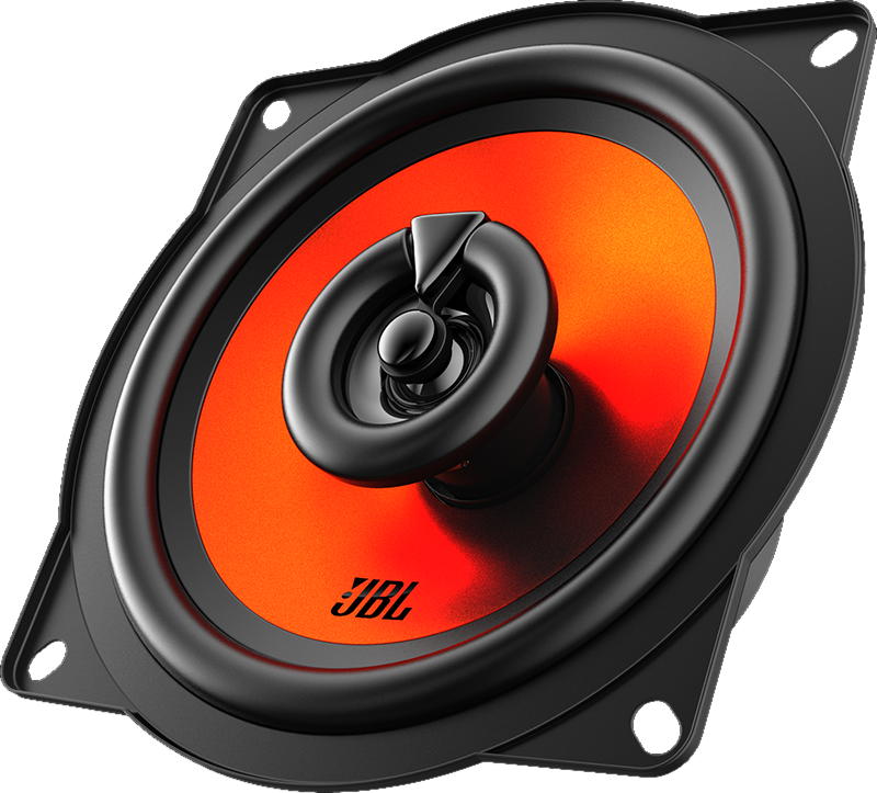 Haut-parleur de voiture JBL, avec cône orange et rouge et bordure noire.