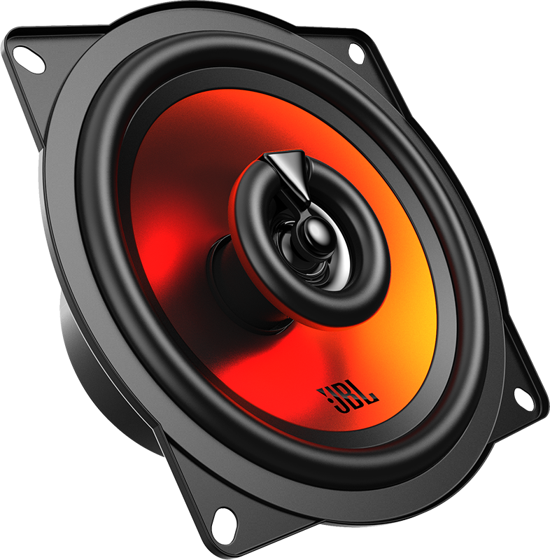 Haut-parleur de voiture JBL avec cône orange et rouge, bordure noire et quatre trous de vis.