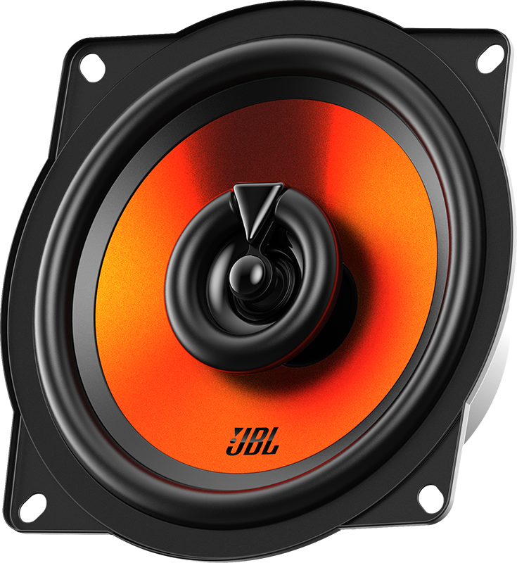 Gros plan sur un haut-parleur JBL noir et orange.