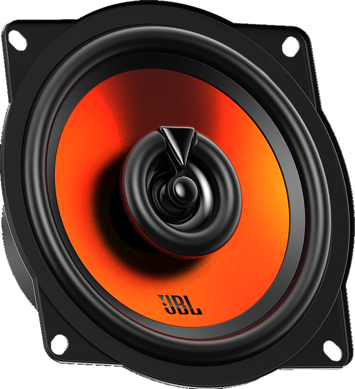 Gros plan sur un haut-parleur JBL noir et orange.
