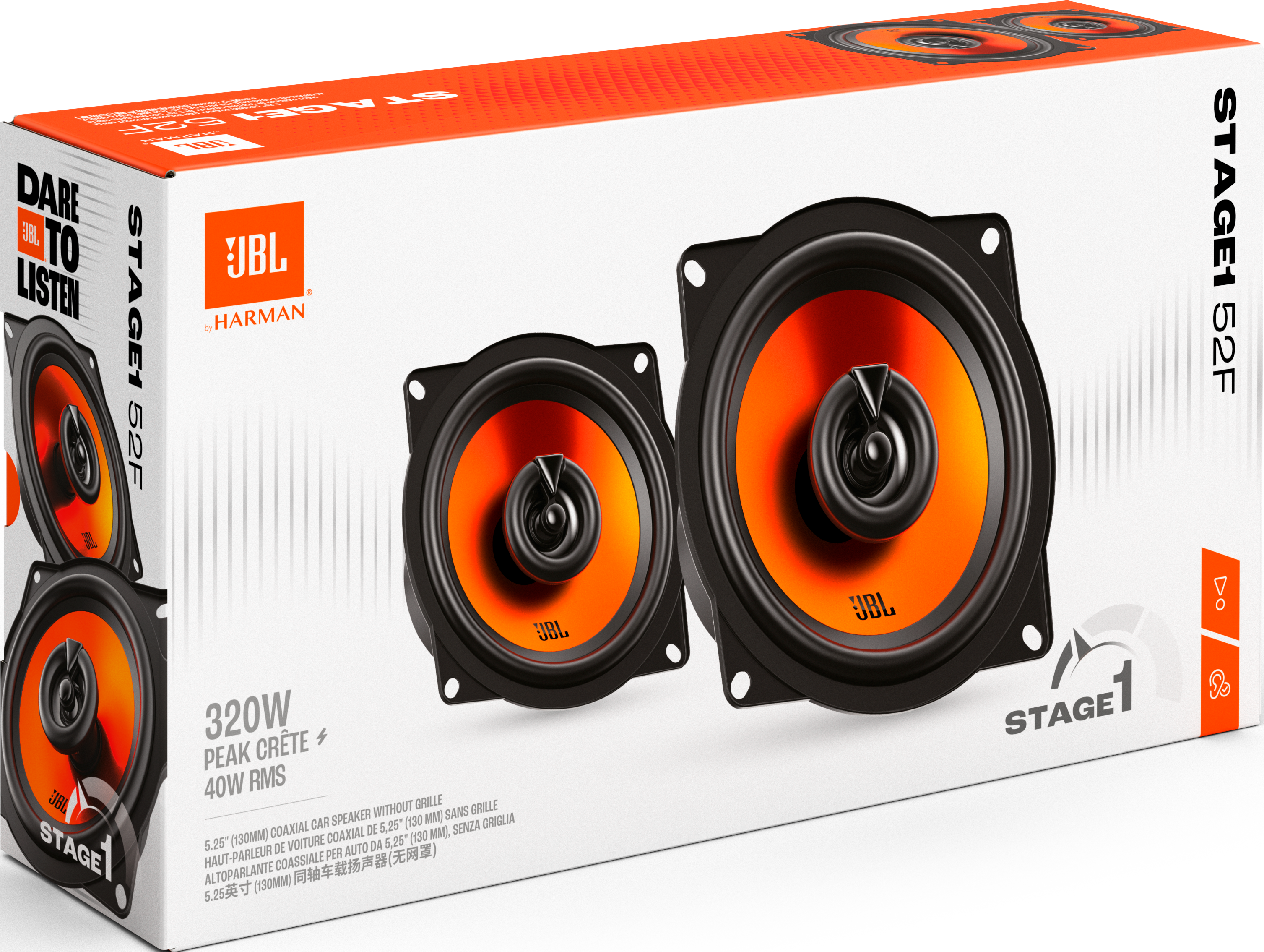 Boîte avec deux haut-parleurs JBL, texte : Stage1 52F, 320W, JBL by Harman.