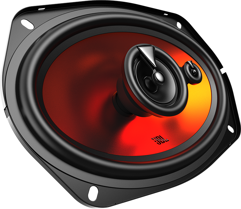 Haut-parleur de voiture, noir avec logo JBL. Cône orange visible.