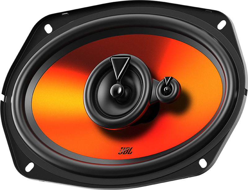 Haut-parleur de voiture, noir avec logo JBL. Cône orange visible.