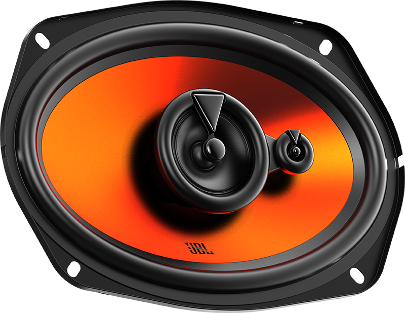 Haut-parleur de voiture, noir avec logo JBL. Cône orange visible.