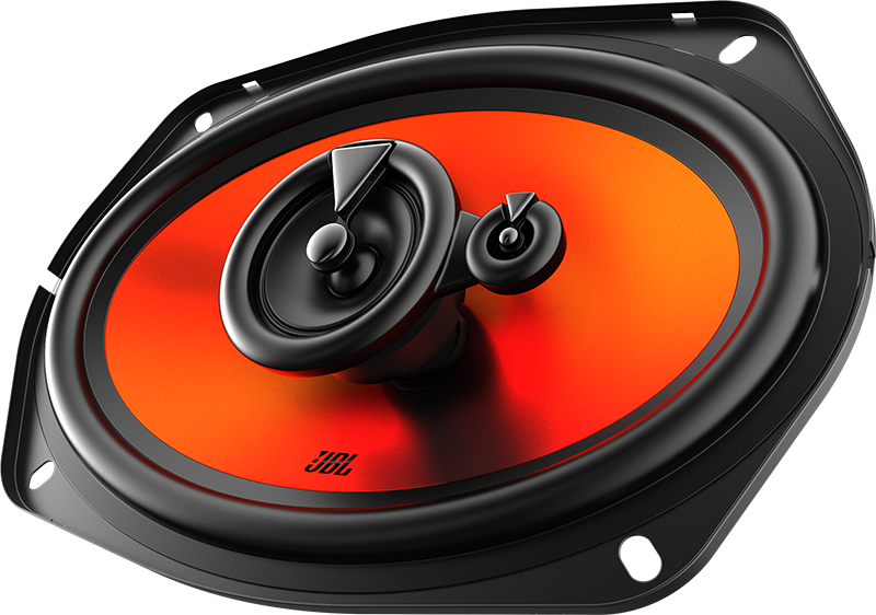 Haut-parleur de voiture, noir avec logo JBL. Cône orange visible.
