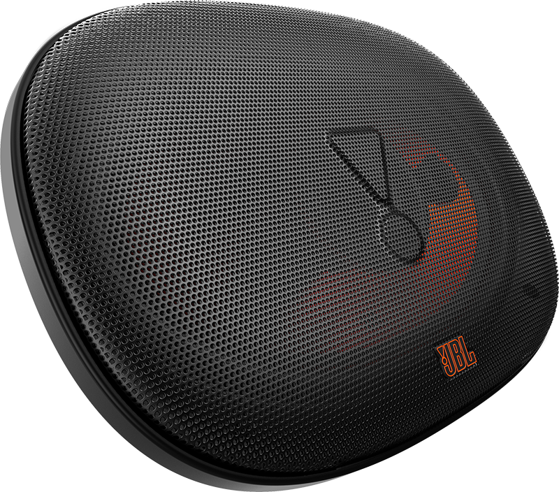 Haut-parleur de voiture, noir avec logo JBL. Cône orange visible.