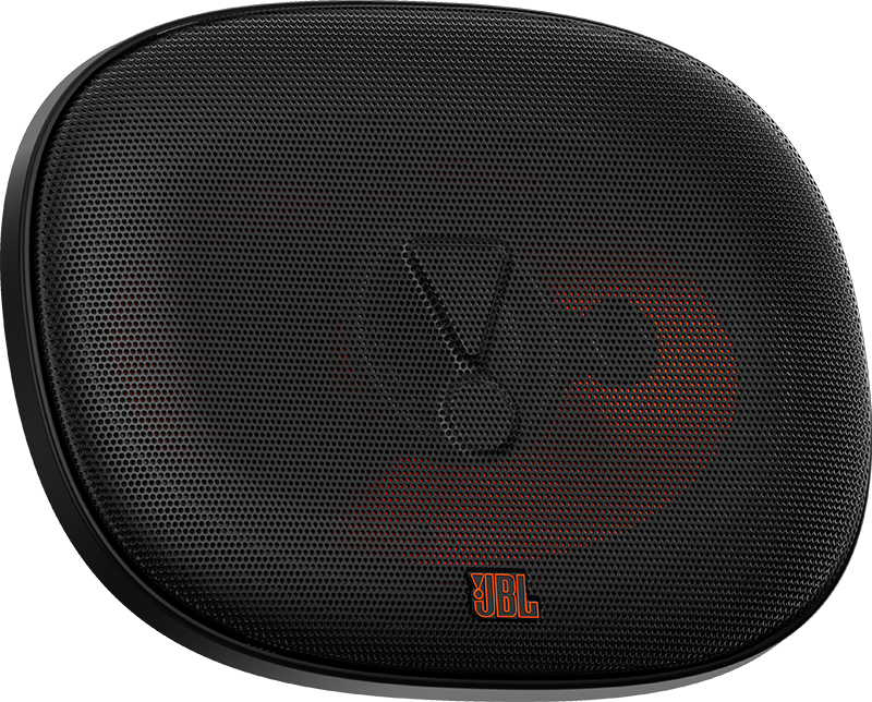 Haut-parleur de voiture, noir avec logo JBL. Cône orange visible.