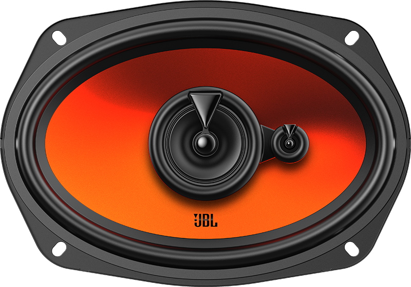 Haut-parleur noir ovale avec centre orange et accents noirs. Logo JBL en bas au centre.