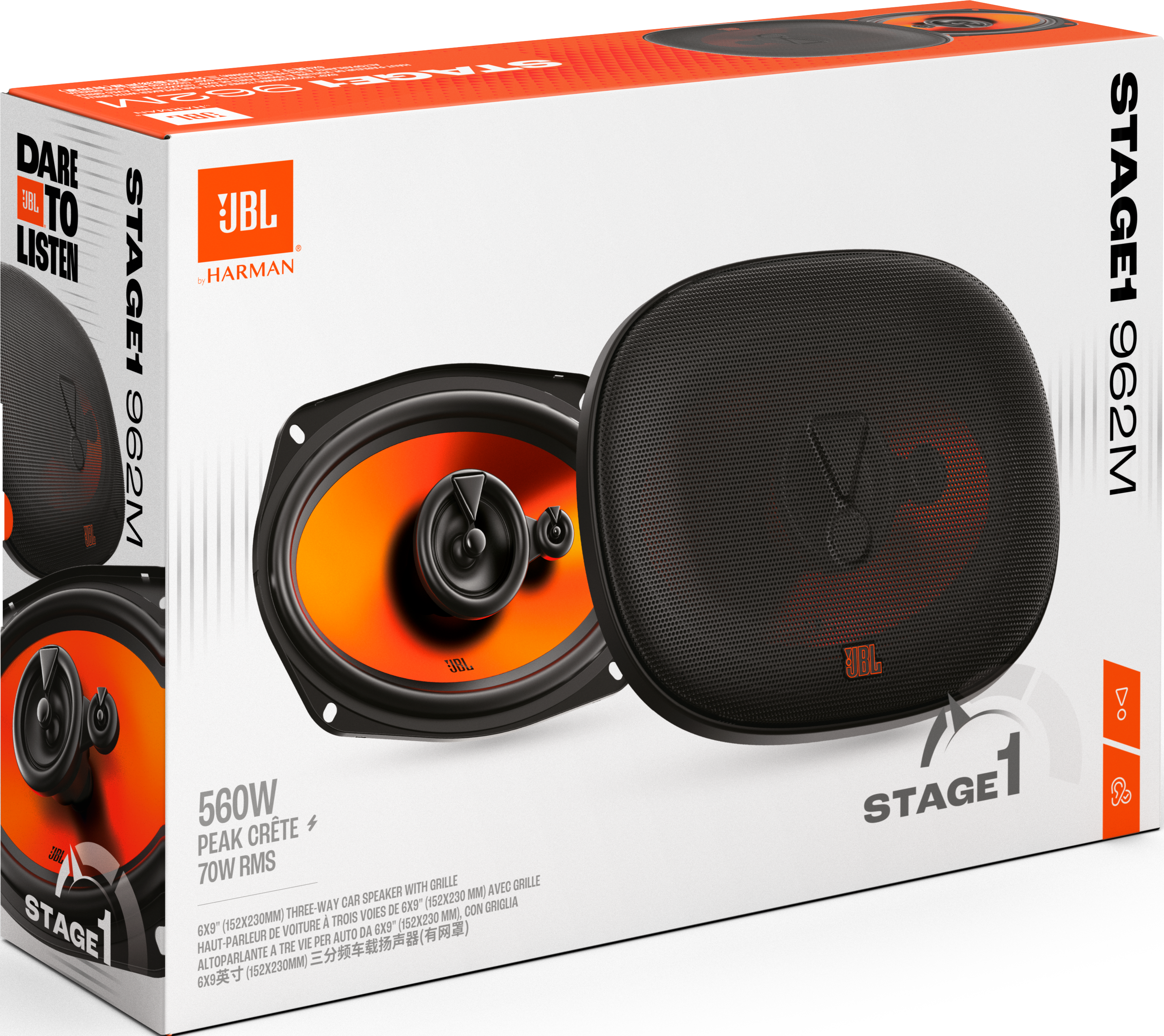 Boîte avec deux haut-parleurs. Les haut-parleurs sont noirs avec des centres orange. JBL et Stage1 sont sur la boîte.