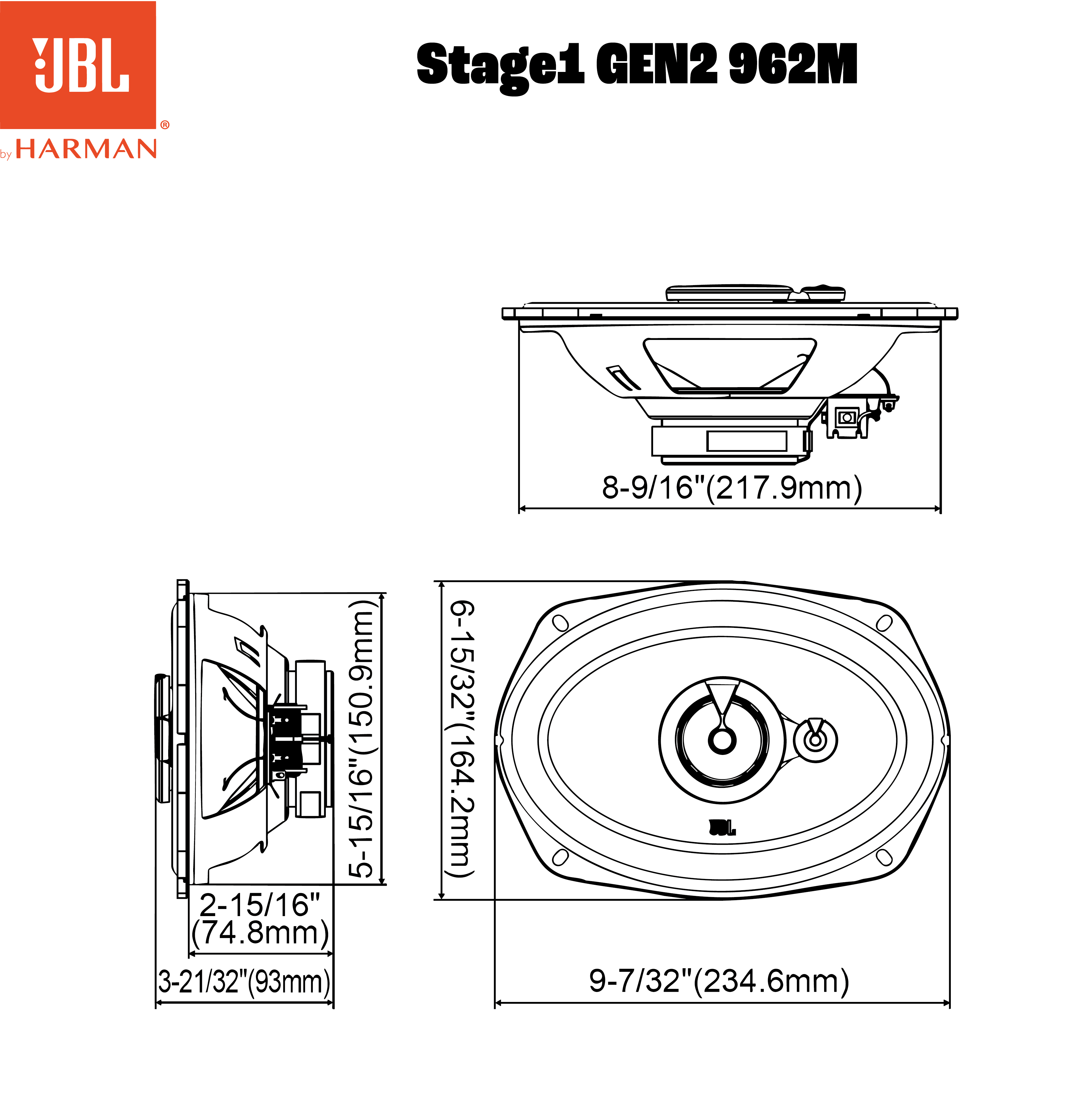 Dessin technique d'un haut-parleur JBL avec dimensions et étiquetage. Inclut des vues latérales et supérieures.