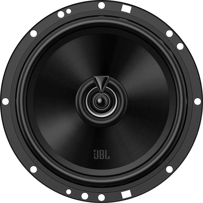 Haut-parleur JBL noir. Circulaire, cône central, cadre métal avec logo.