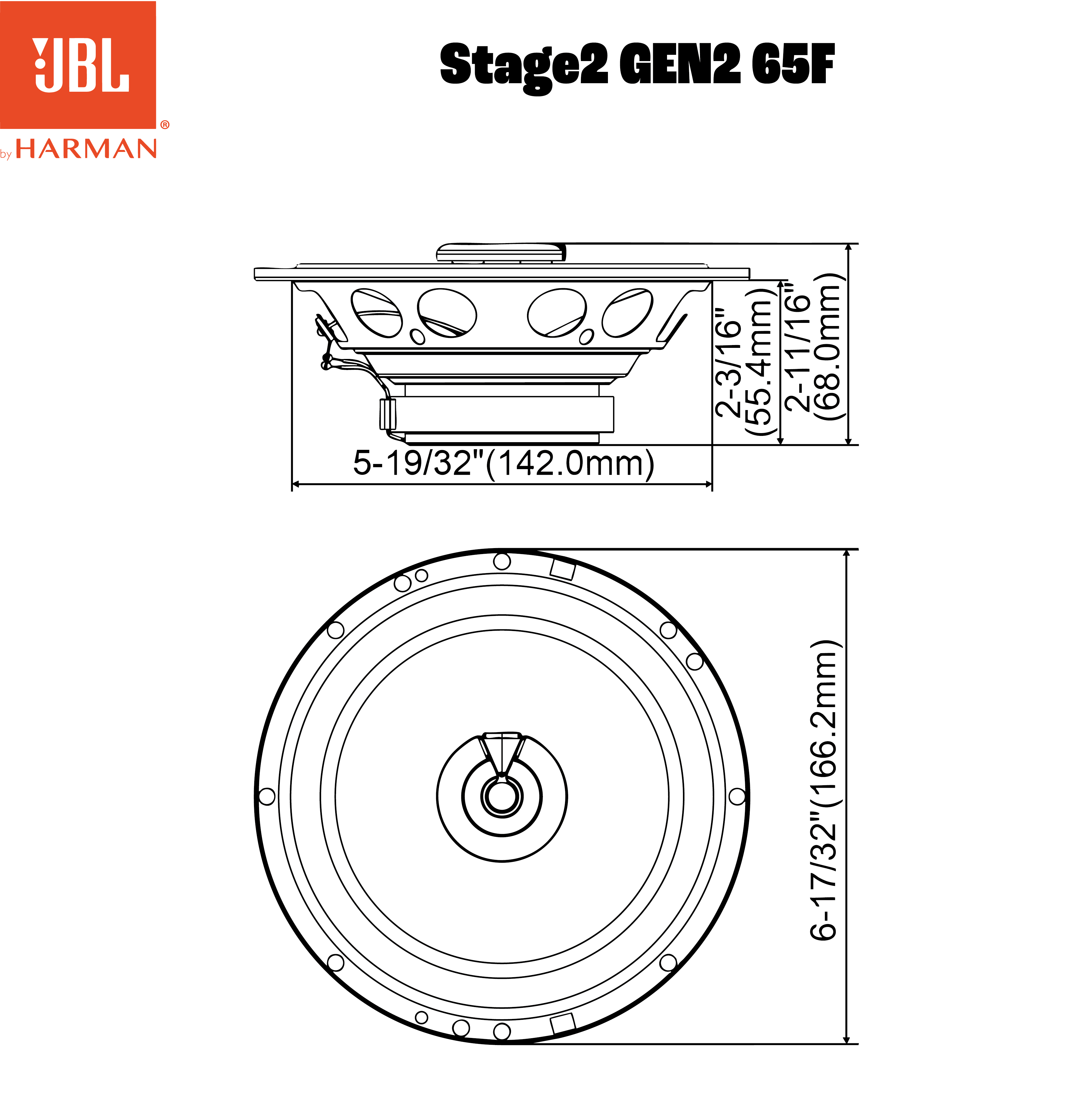 Schéma d'un haut-parleur JBL. Dimensions en pouces et mm.