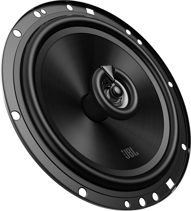 Vue en angle d'un haut-parleur de voiture JBL noir. Le logo JBL est visible sur le cône du haut-parleur.