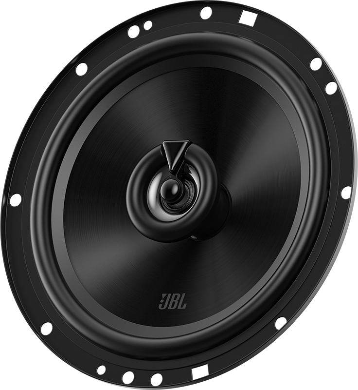 Vue en angle d'un haut-parleur de voiture noir avec le logo JBL. Le haut-parleur est sur fond noir.
