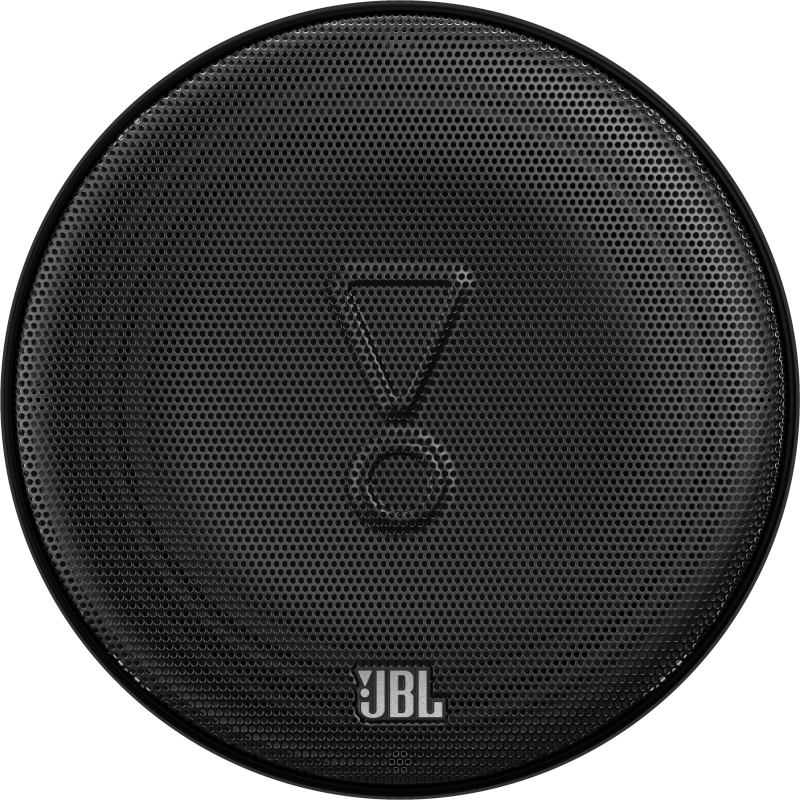 Gros plan sur un haut-parleur noir avec une façade en mesh. Le logo JBL est en bas.