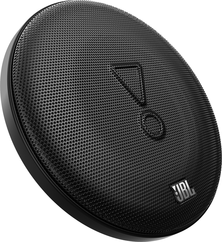 Vue en angle d'un haut-parleur noir avec une façade en mesh et le logo JBL.