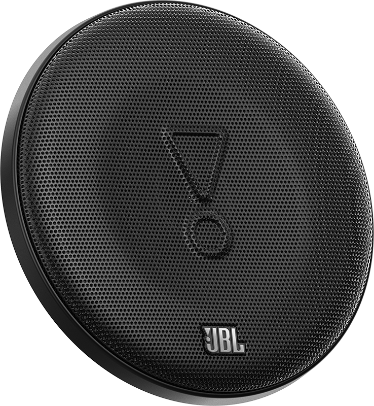 Gros plan sur un haut-parleur noir avec une façade en mesh. Le logo JBL est en bas au centre.