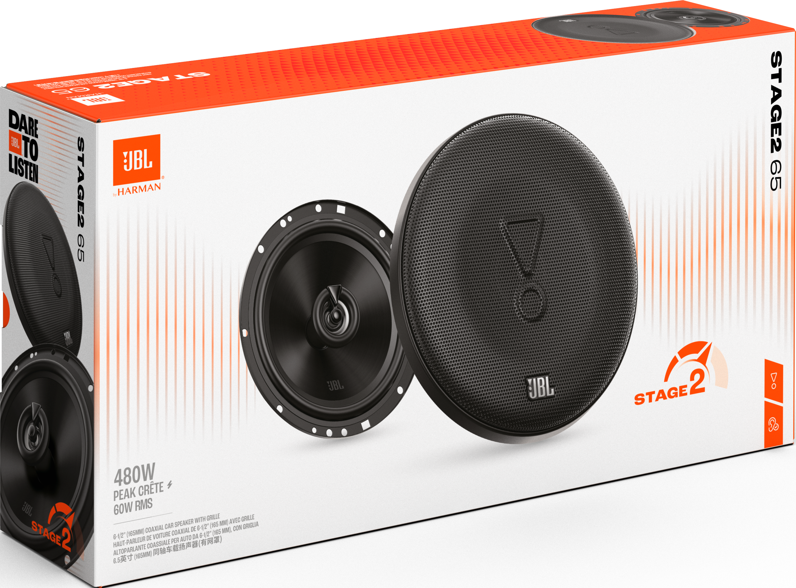 Boîte avec haut-parleurs JBL. La boîte indique Stage2 G5 et porte les logos JBL et Harman.