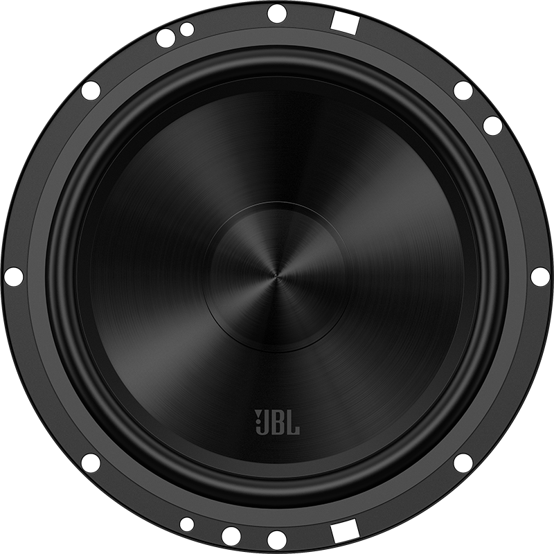 Haut-parleur de voiture noir. Comprend un cône noir et un logo JBL au centre.