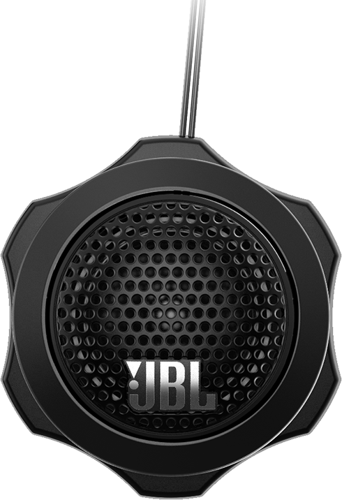 Haut-parleur JBL noir avec une façade en mesh. Le haut-parleur est rond et a un fil. Le fond est noir.