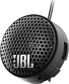 Haut-parleur JBL noir avec une façade en mesh. Le haut-parleur est rond et a un fil. Le fond est noir.