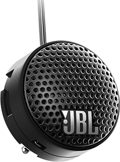 Haut-parleur JBL noir avec une façade en mesh. Le haut-parleur est rond et a un fil. Le fond est noir.