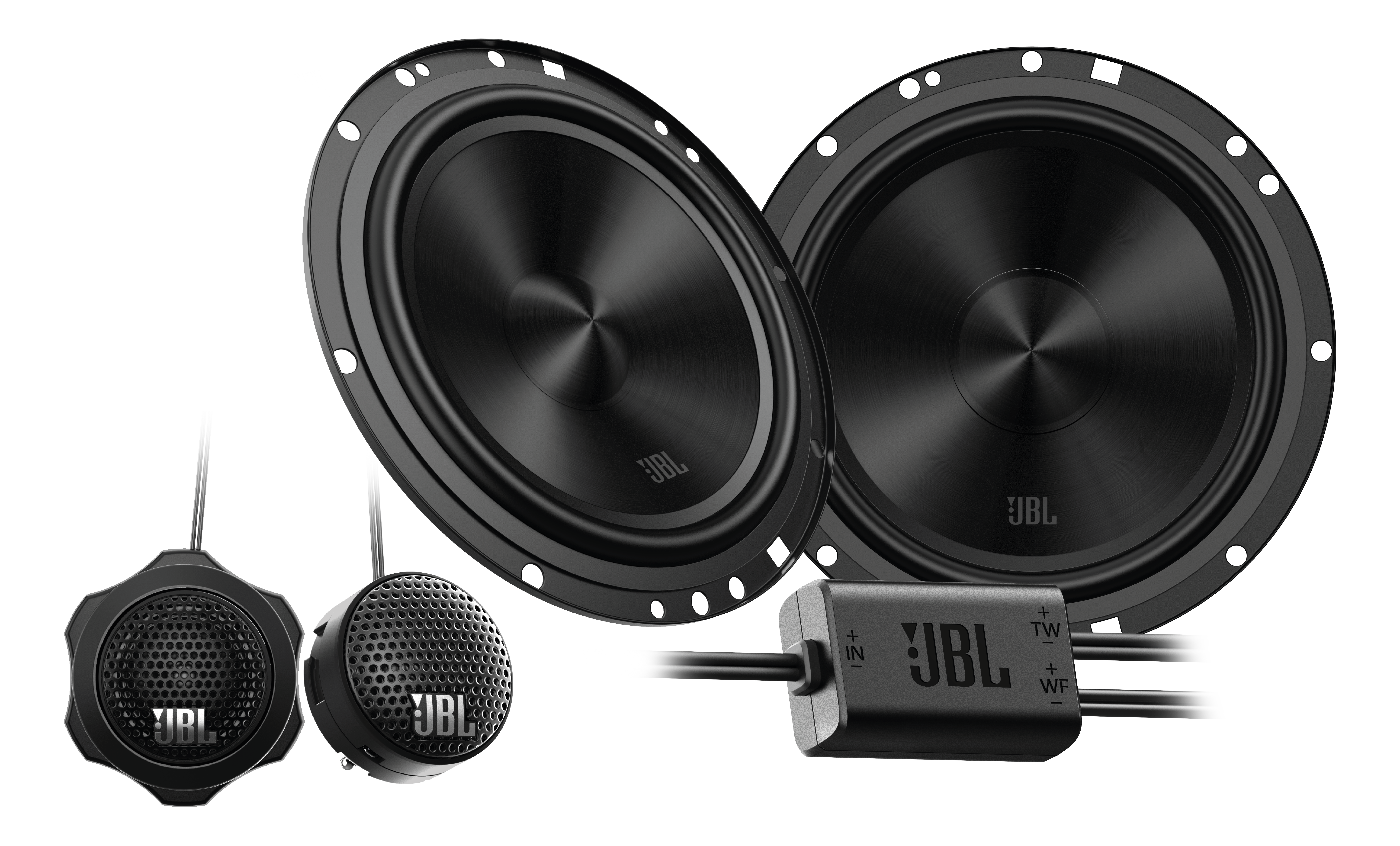 Deux haut-parleurs, un filtre et deux tweeters. Tout est noir. Le logo JBL est sur le filtre.