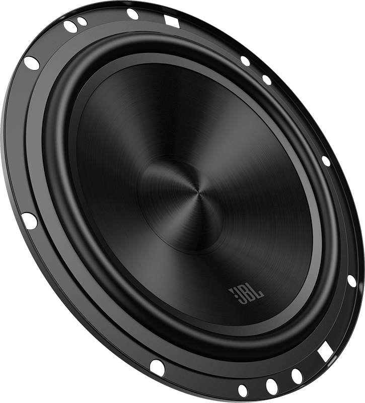 Haut-parleur JBL noir. Il a une forme circulaire avec un cône au centre. Le haut-parleur a plusieurs trous de vis.