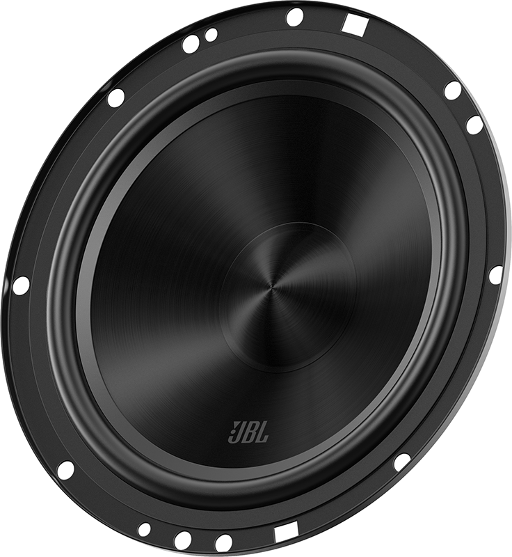 Haut-parleur JBL noir. Il a une forme circulaire avec un cône au centre. Le haut-parleur a plusieurs trous de vis.