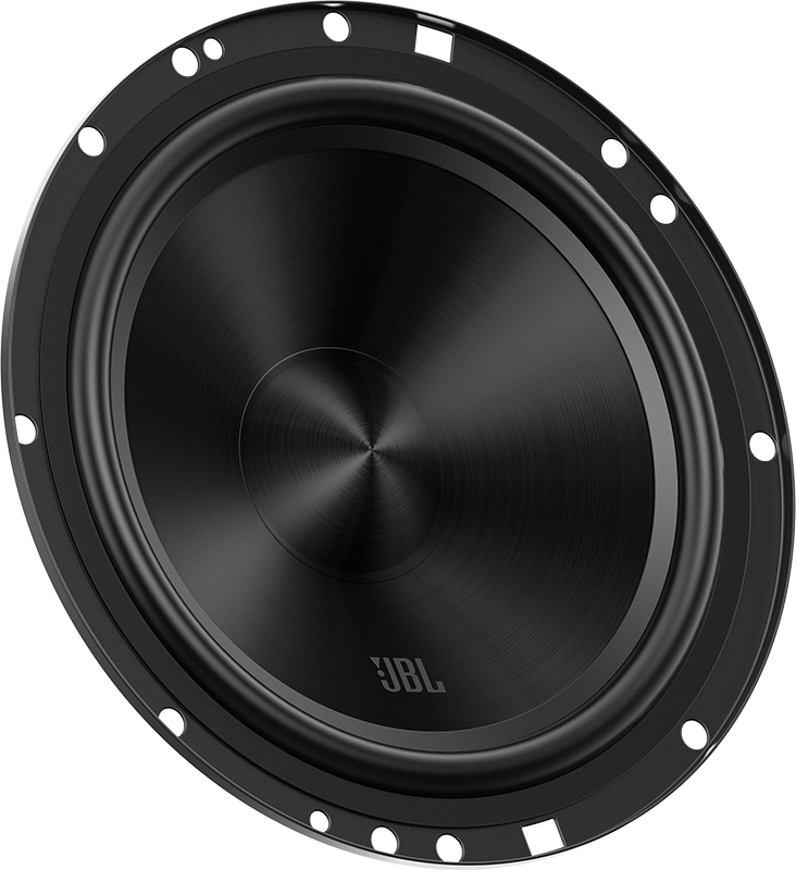 Haut-parleur JBL noir. Il a une forme circulaire avec un cône au centre. Le haut-parleur a plusieurs trous de vis.