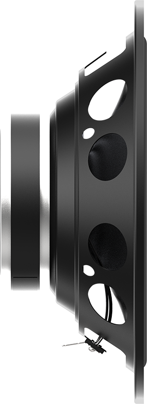 Profil de haut-parleur noir avec logo JBL, vue latérale, avec un fond noir. Il a un bord et un corps noirs.
