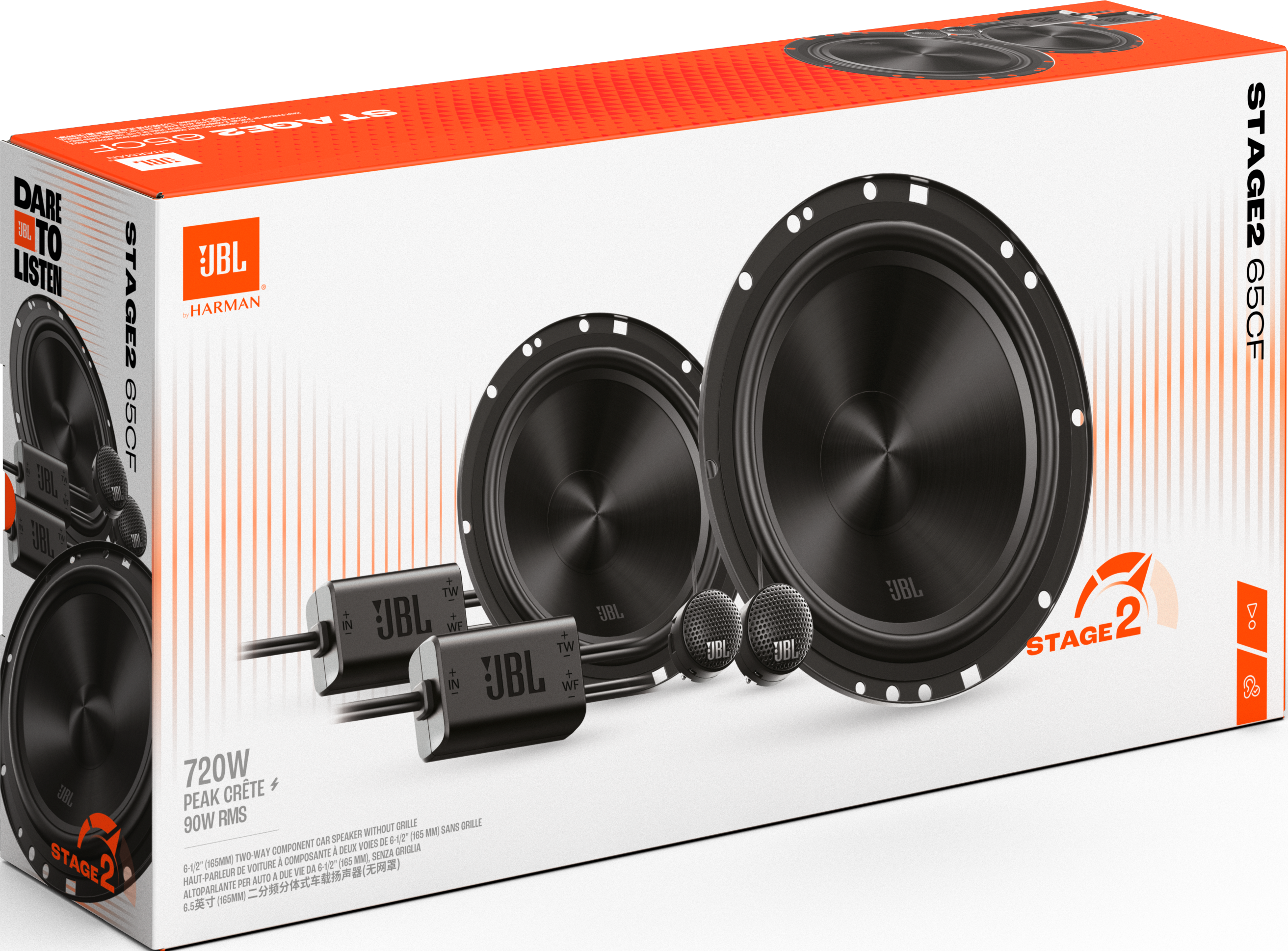 Boîte d'enceintes de voiture JBL Stage2 65CF avec deux enceintes, deux tweeters et câbles.