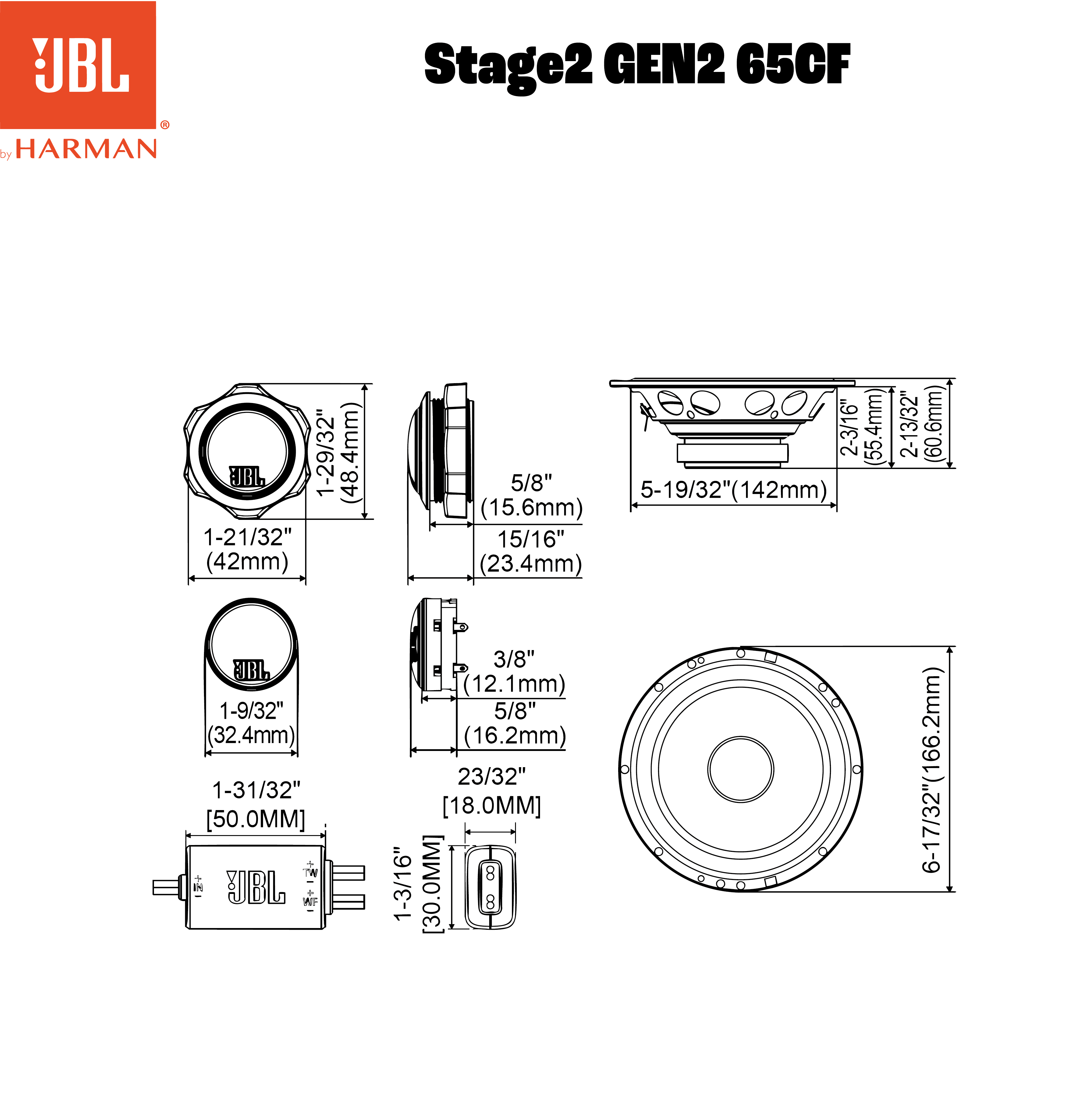 Diagrammes en noir et blanc avec dimensions du haut-parleur de voiture JBL Stage2 GEN2 65CF.