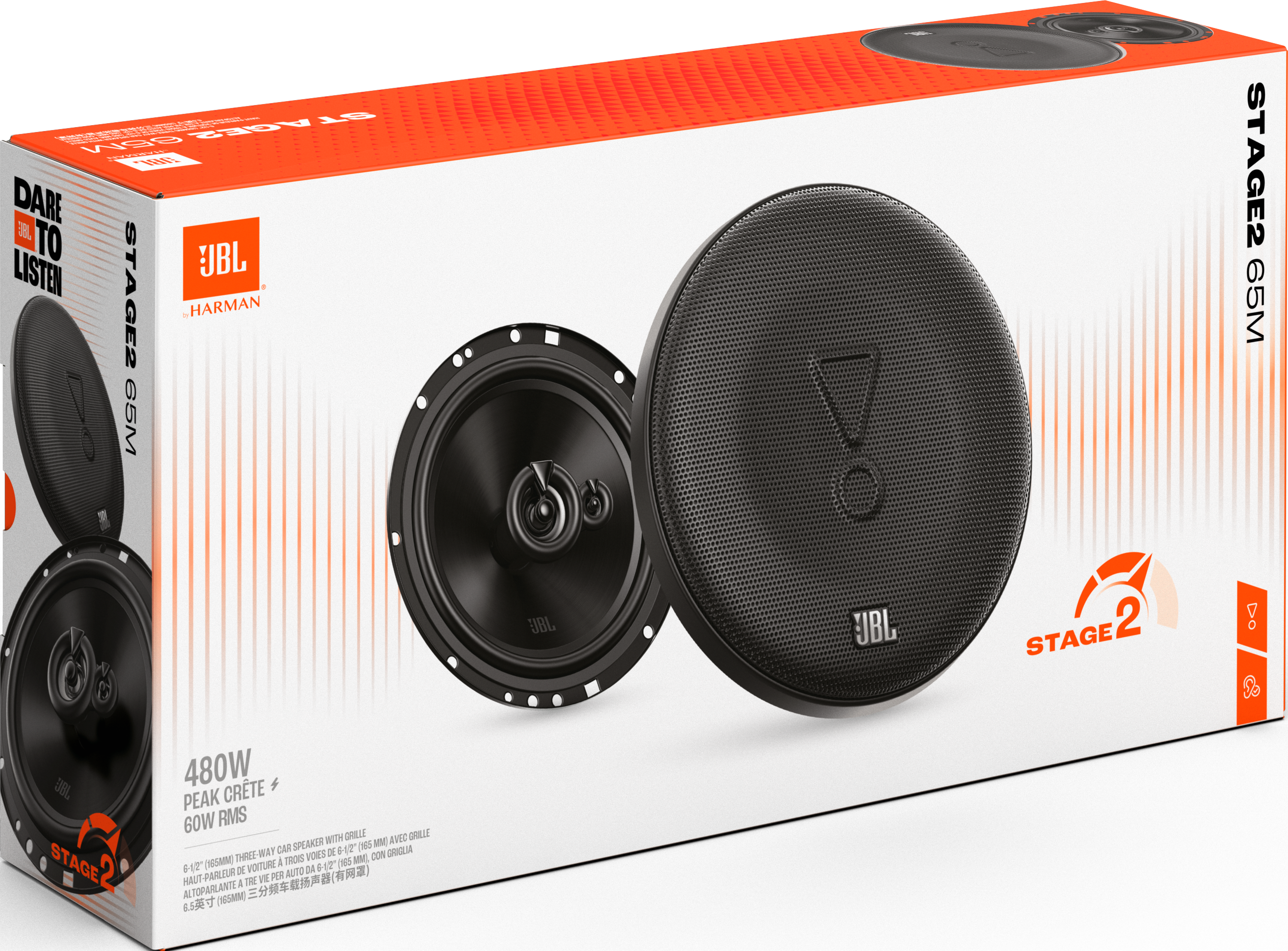 Boîte d'enceintes JBL Stage2 65M avec deux enceintes, blanc et rouge.