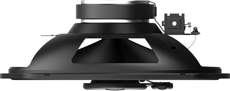 Vue latérale d'un haut-parleur JBL noir.