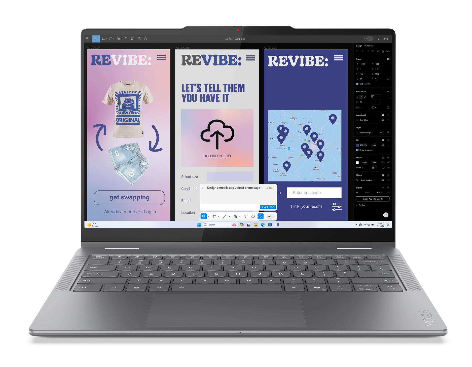 Laptop wyświetlający interfejs projektowania stron internetowych, pokazujący elementy interfejsu użytkownika aplikacji.