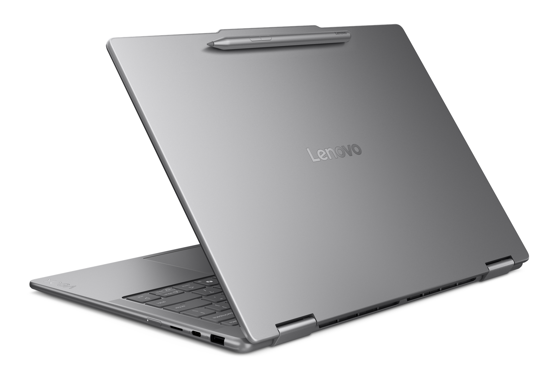 Srebrny laptop z logo Lenovo z tyłu, częściowo otwarty.