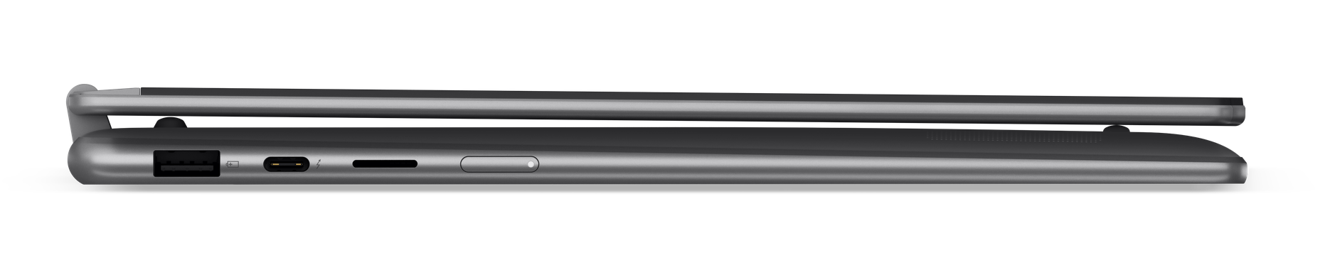 Profil boczny laptopa ujawniający porty, w tym USB i gniazdo kart SD.