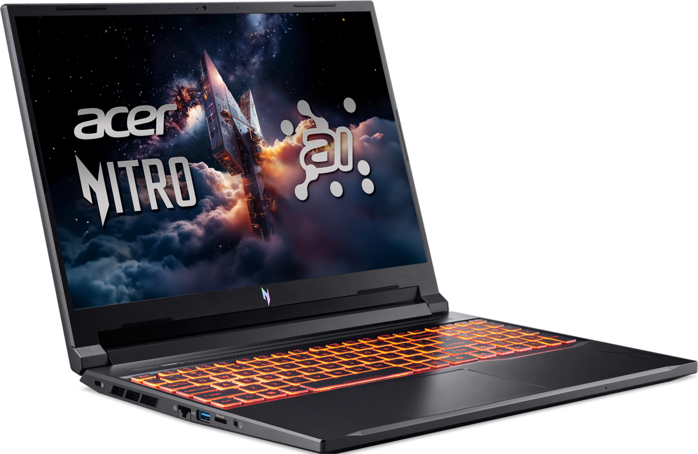 Schrägansicht des schwarzen Acer Nitro Laptops, orangefarbene Tastatur, Weltraum-Themen-Bildschirm, auf schwarzem Hintergrund.