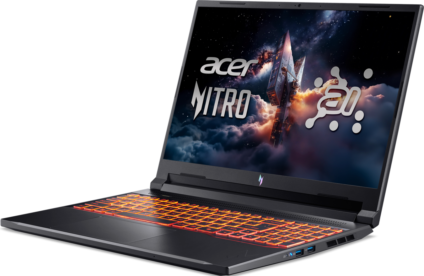 Schwarzer Acer Nitro Laptop, orangefarbene Tastaturbeleuchtung, Bildschirm zeigt eine Science-Fiction-Landschaft.