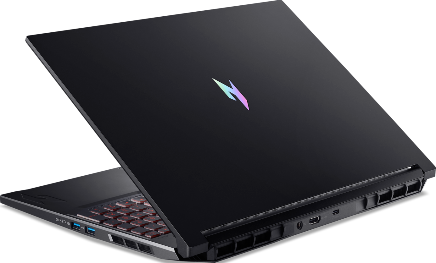 Schwarzer Laptop mit Acer-Logo auf der Rückseite, leicht geöffnet, Tastatur sichtbar.