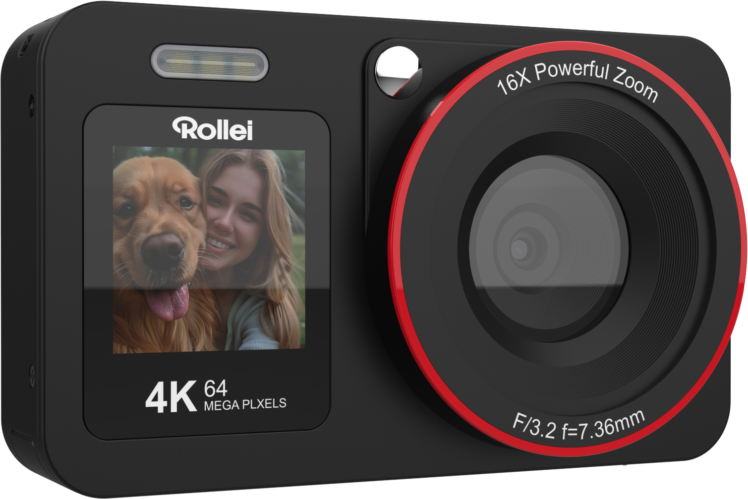 Appareil photo Rollei noir avec écran montrant femme et chien. Objectif à anneau rouge.